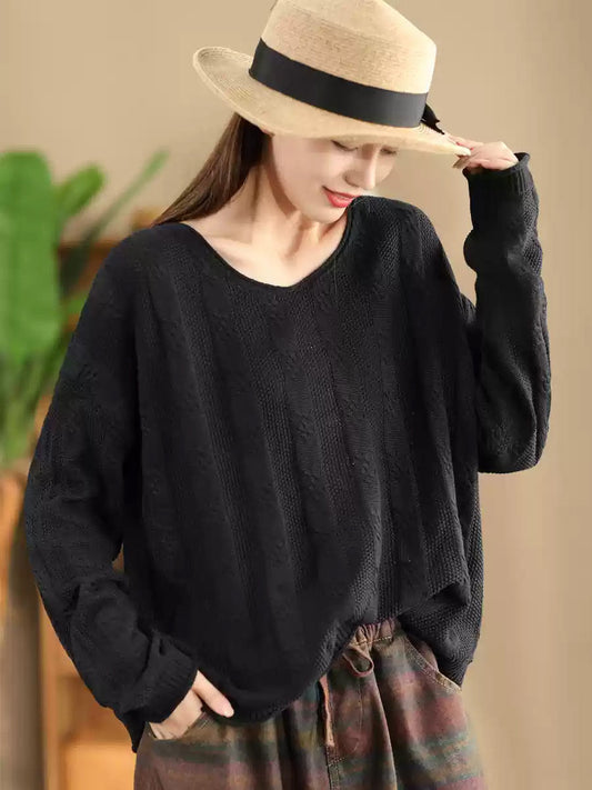 Artsy Autumn Cotton V-neck Knit Sweater Ak1026