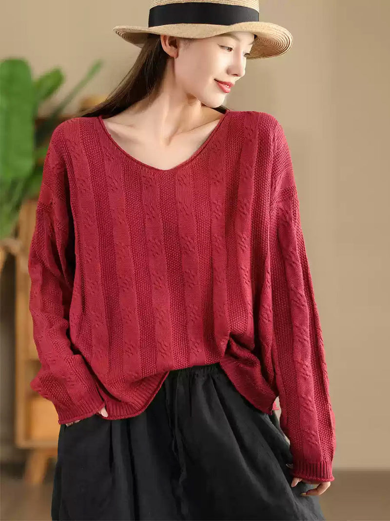 Artsy Autumn Cotton V-neck Knit Sweater Ak1026