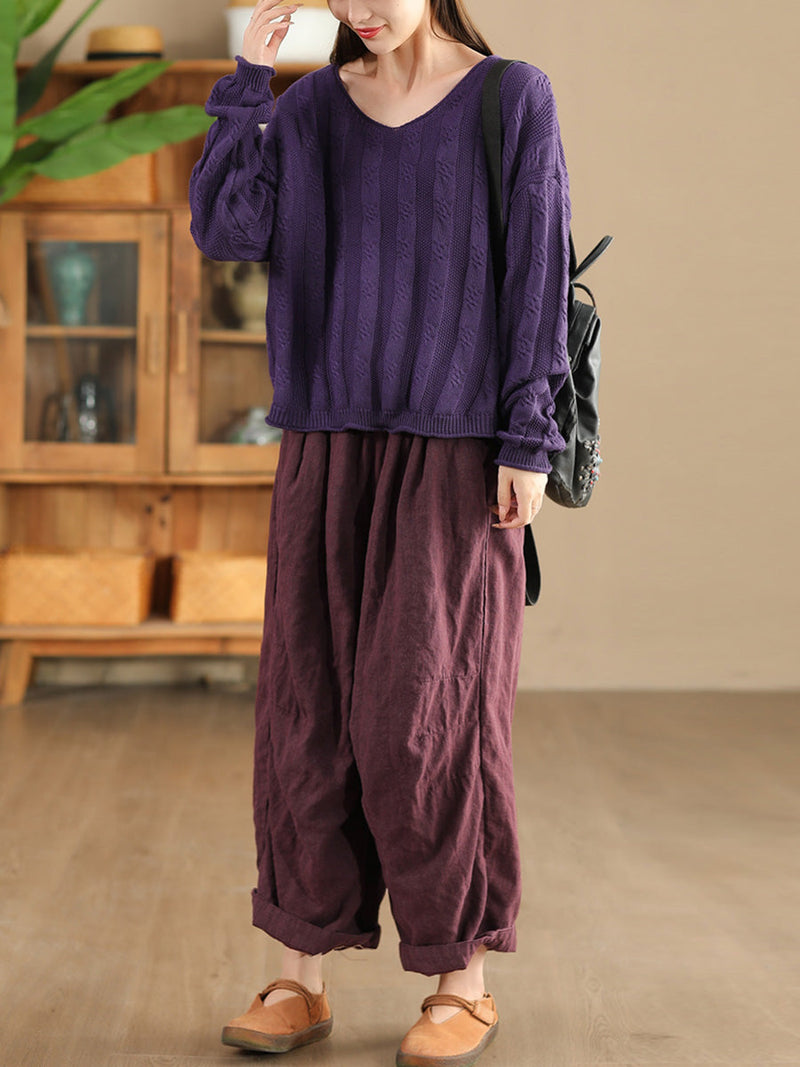 Artsy Autumn Cotton V-neck Knit Sweater Ak1026