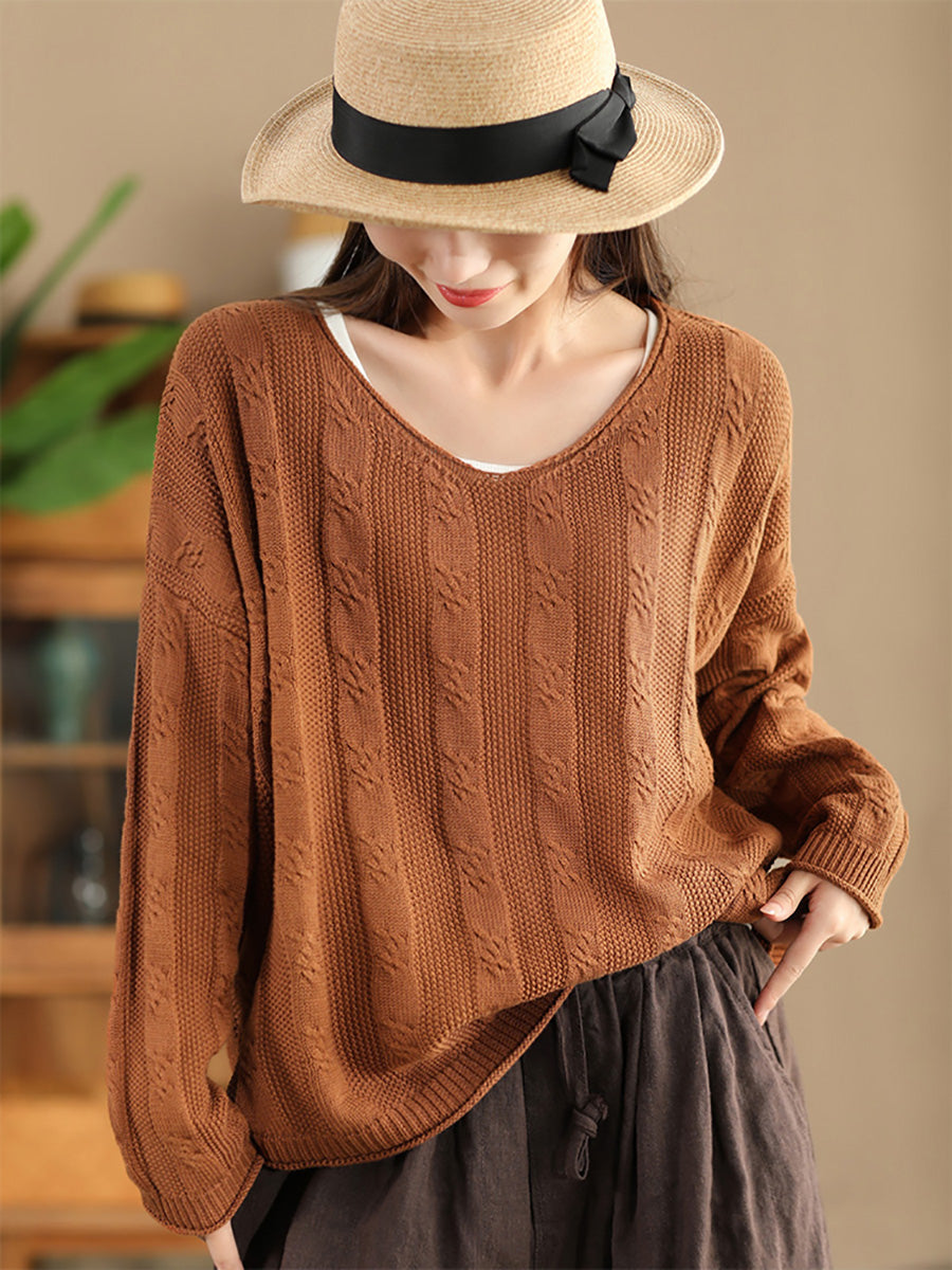 Artsy Autumn Cotton V-neck Knit Sweater Ak1026