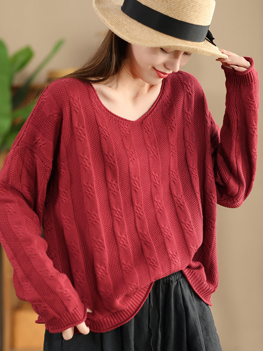 Artsy Autumn Cotton V-neck Knit Sweater Ak1026