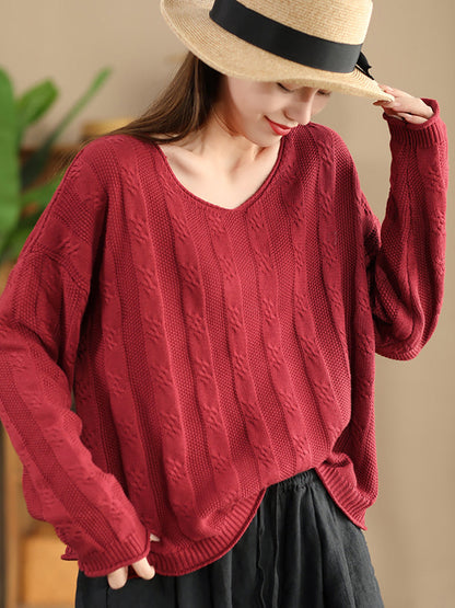Artsy Autumn Cotton V-neck Knit Sweater Ak1026