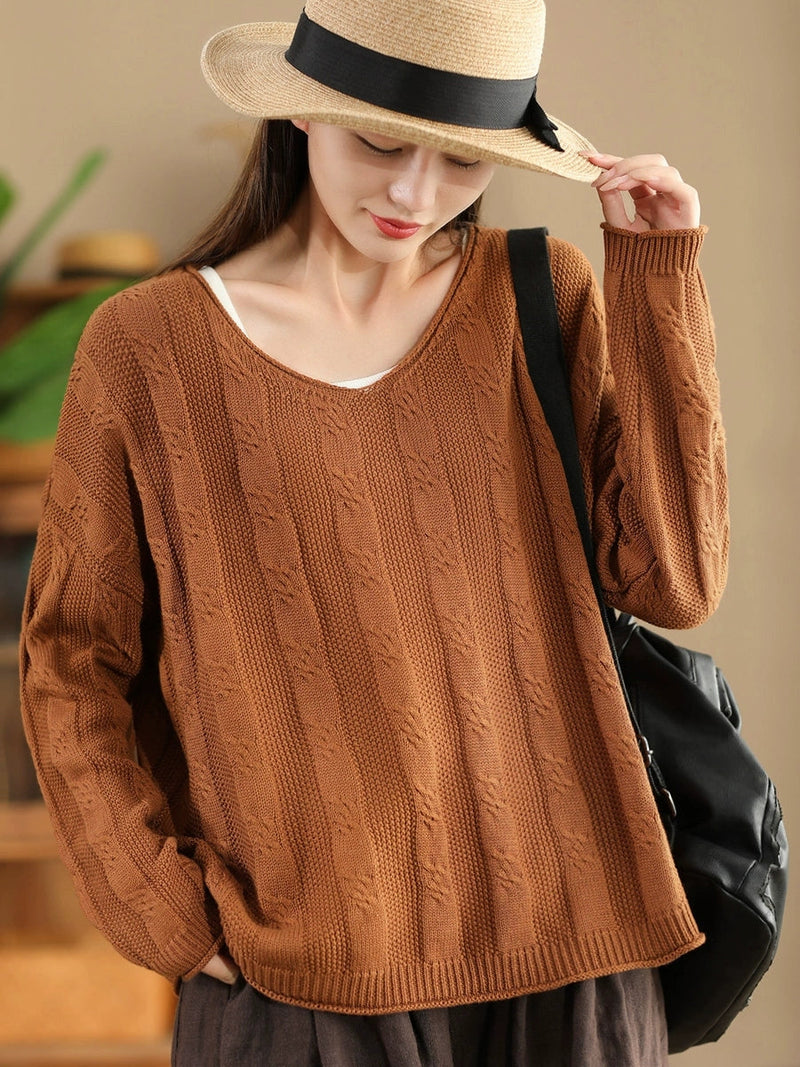 Artsy Autumn Cotton V-neck Knit Sweater Ak1026