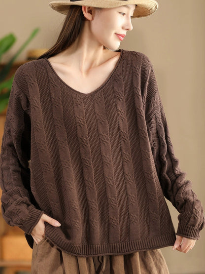 Artsy Autumn Cotton V-neck Knit Sweater Ak1026