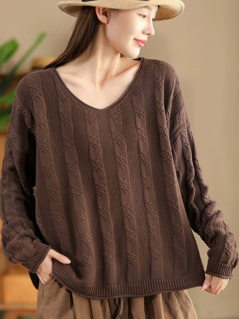 Artsy Autumn Cotton V-neck Knit Sweater Ak1026