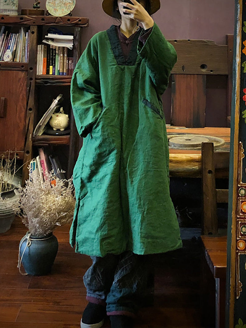 Autumn Colorblock Long Linen Robe Coat Ak1048