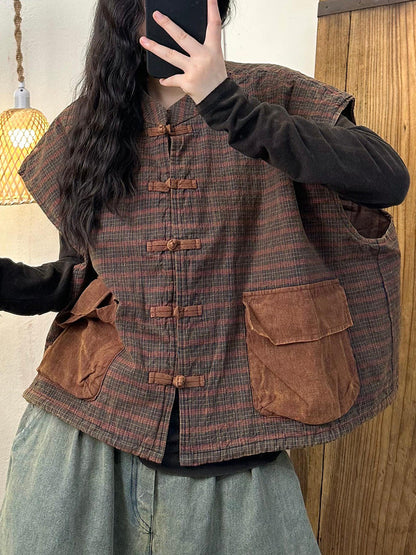 Plaid Colorblock O-neck Cotton Vest Coat Ak1046