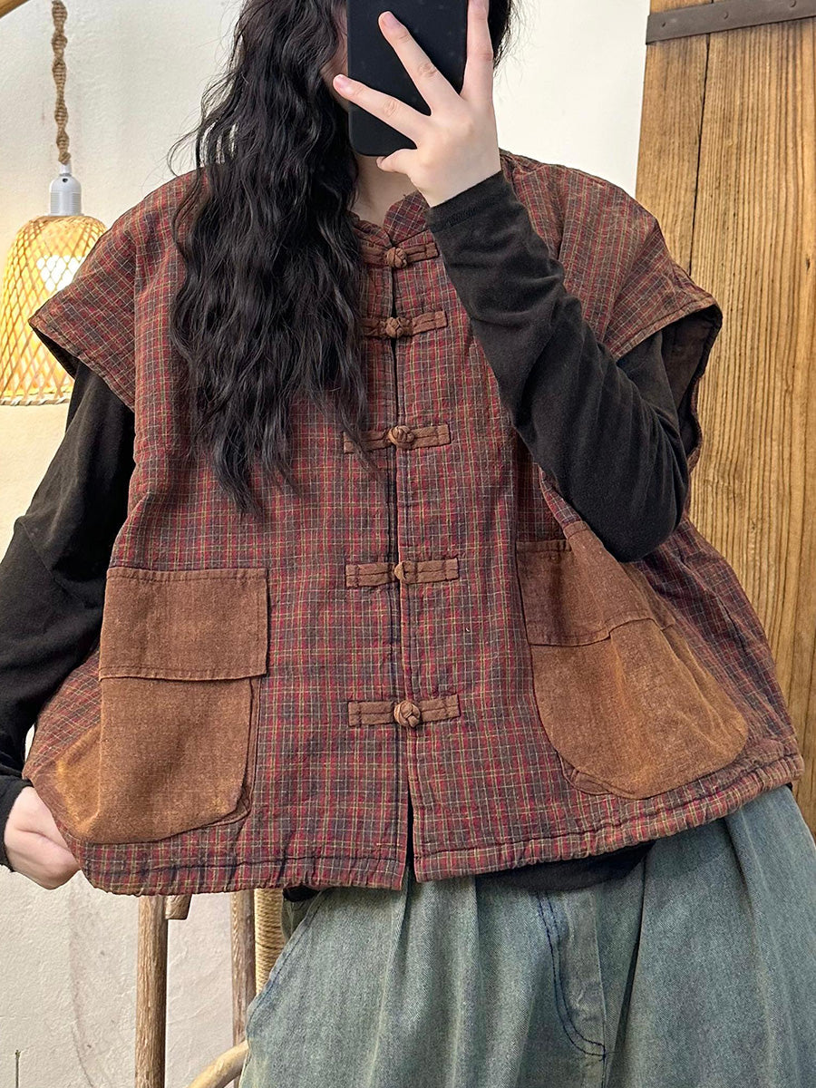 Plaid Colorblock O-neck Cotton Vest Coat Ak1046