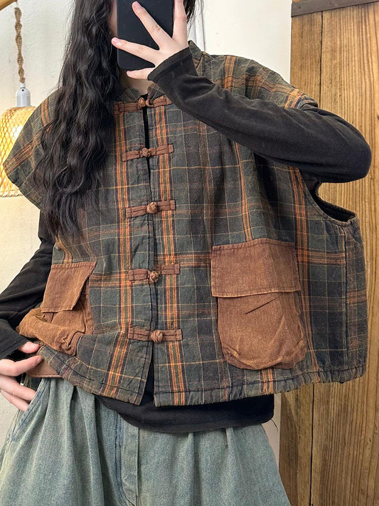 Plaid Colorblock O-neck Cotton Vest Coat Ak1046
