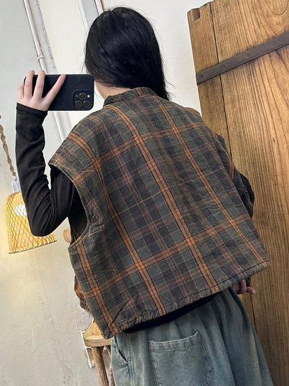 Plaid Colorblock O-neck Cotton Vest Coat Ak1046