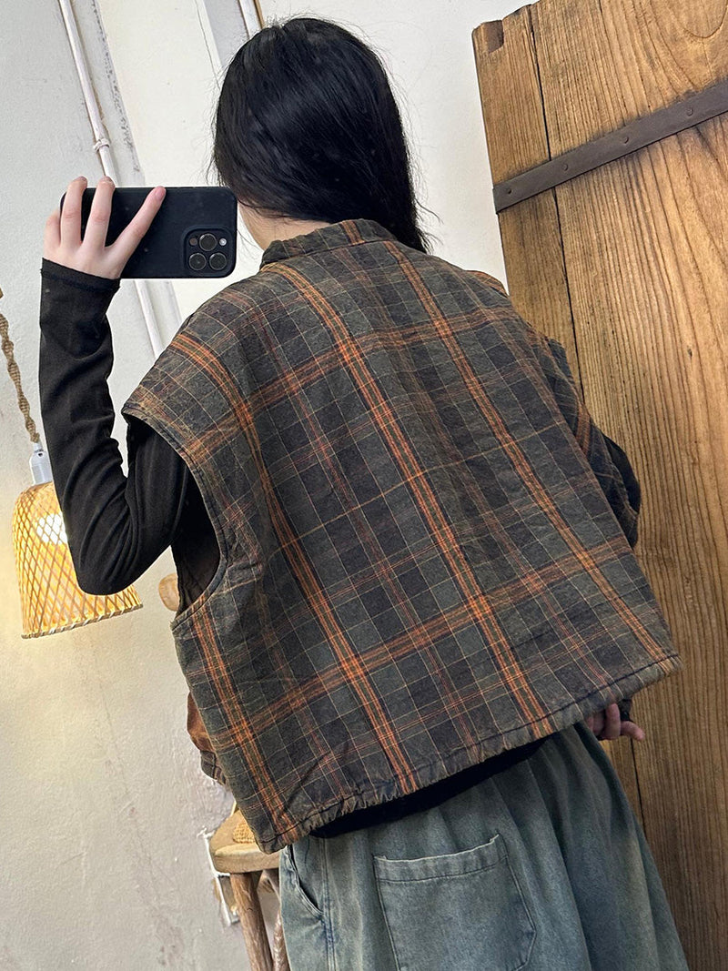 Plaid Colorblock O-neck Cotton Vest Coat Ak1046