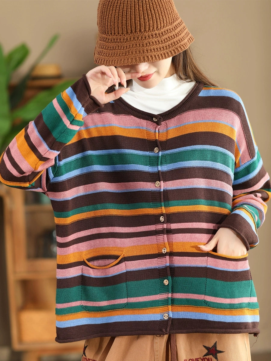 Autumn Colorblock Stripe O-neck Cotton Sweater Ah1069