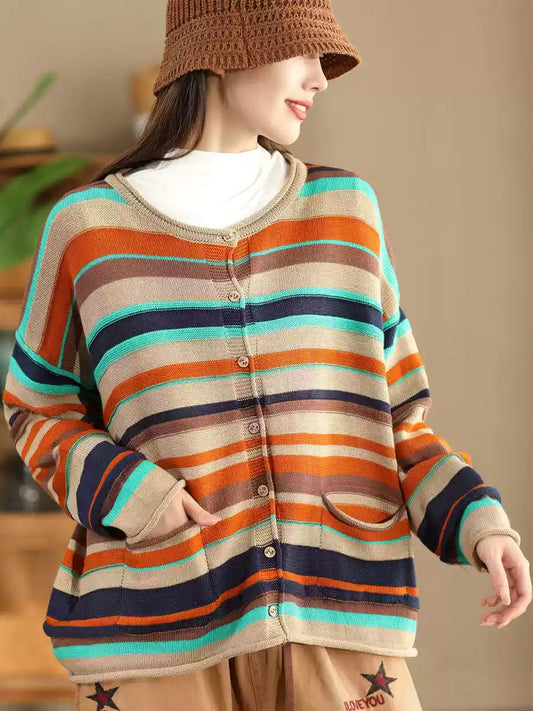 Autumn Colorblock Stripe O-neck Cotton Sweater Ah1069