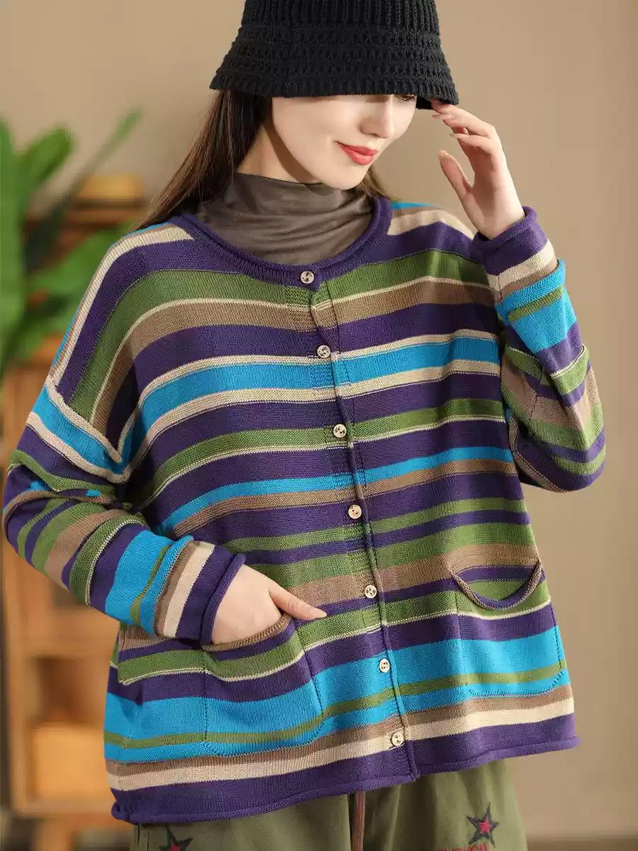 Autumn Colorblock Stripe O-neck Cotton Sweater Ah1069