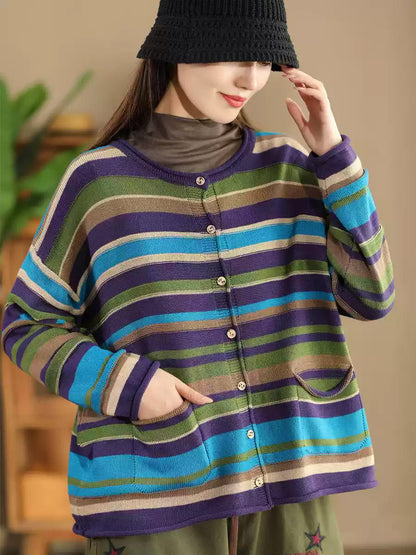 Autumn Colorblock Stripe O-neck Cotton Sweater Ah1069