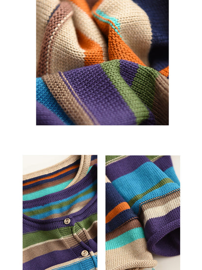 Autumn Colorblock Stripe O-neck Cotton Sweater Ah1069