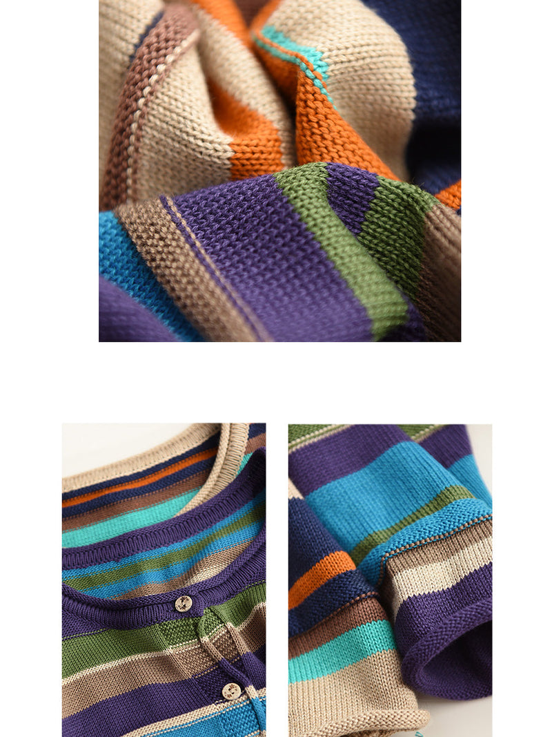 Autumn Colorblock Stripe O-neck Cotton Sweater Ah1069