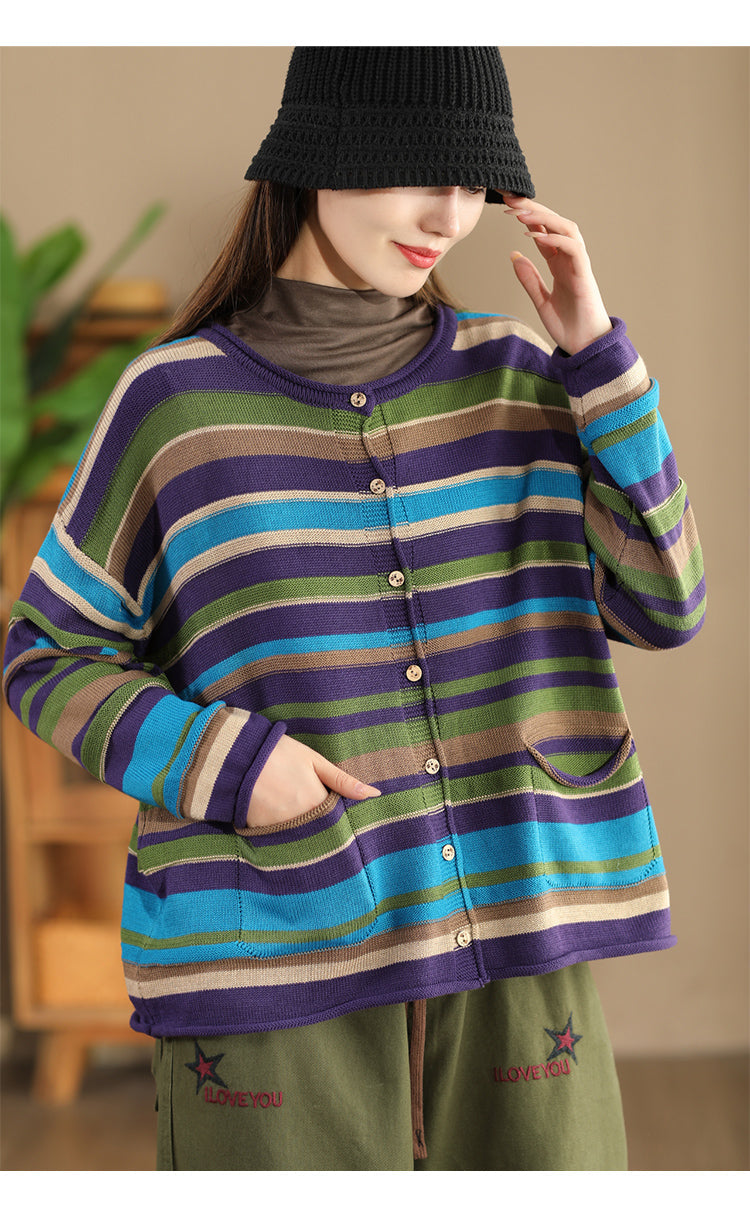 Autumn Colorblock Stripe O-neck Cotton Sweater Ah1069