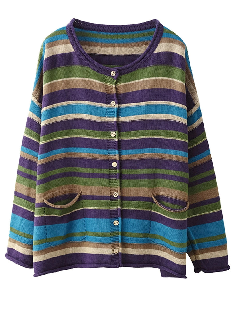 Autumn Colorblock Stripe O-neck Cotton Sweater Ah1069