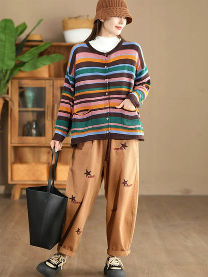 Autumn Colorblock Stripe O-neck Cotton Sweater Ah1069