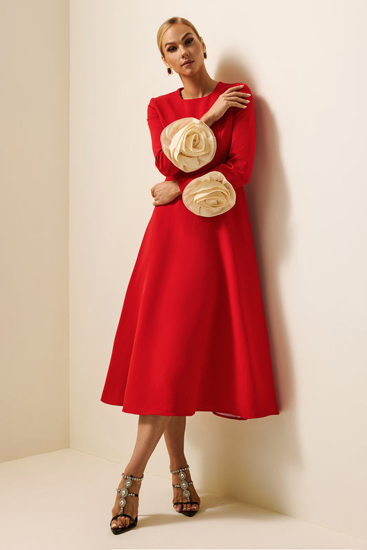 3d Flower Round Neck Long Sleeve Midi Dress