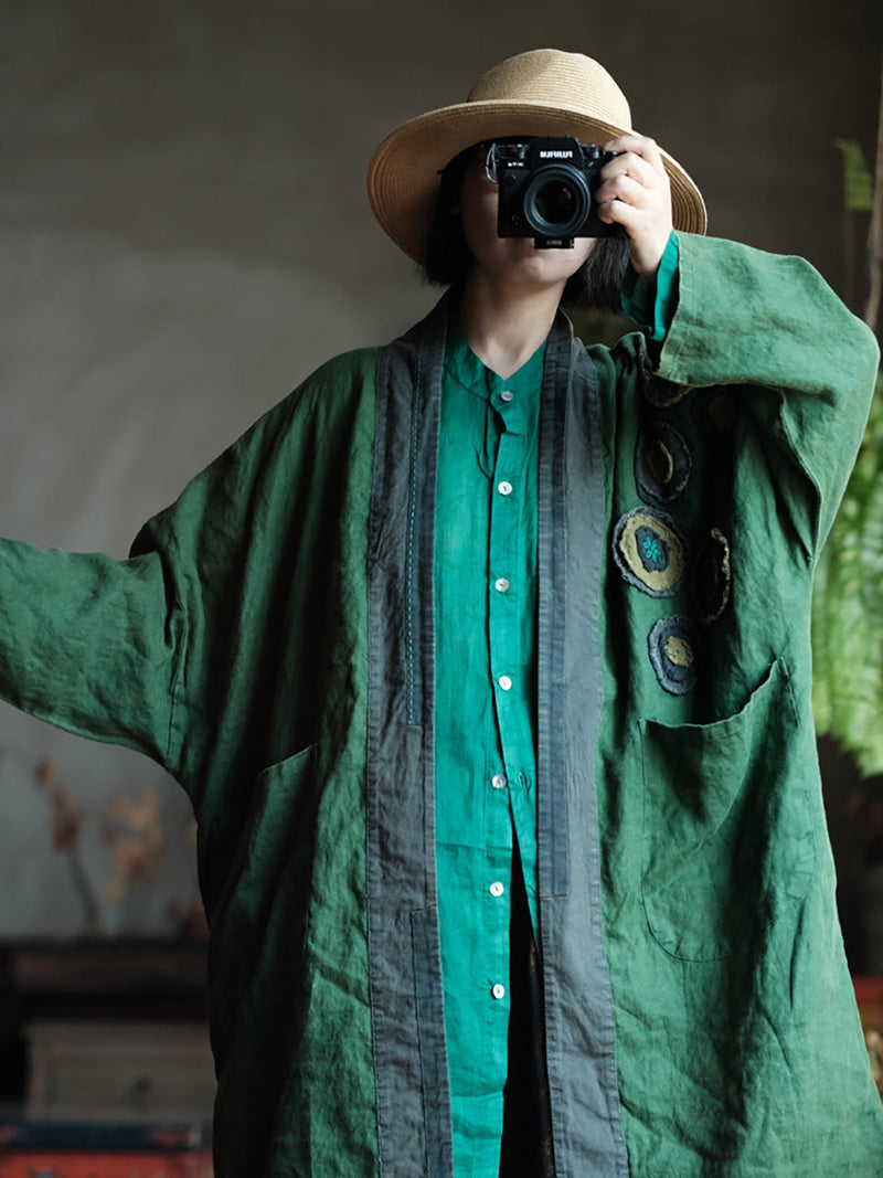 Autumn Patch Spliced Long Linen Coat Ax1013