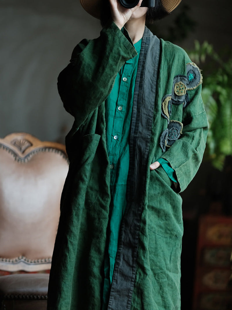 Autumn Patch Spliced Long Linen Coat Ax1013
