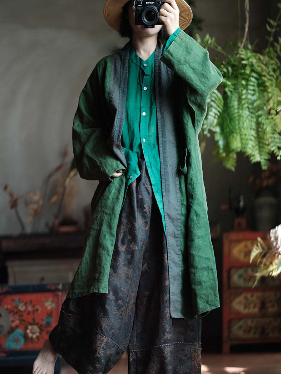 Autumn Patch Spliced Long Linen Coat Ax1013