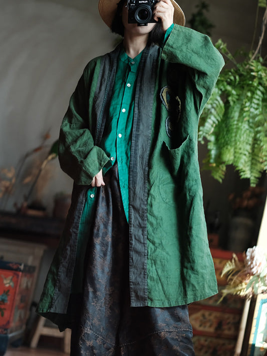 Autumn Patch Spliced Long Linen Coat Ax1013
