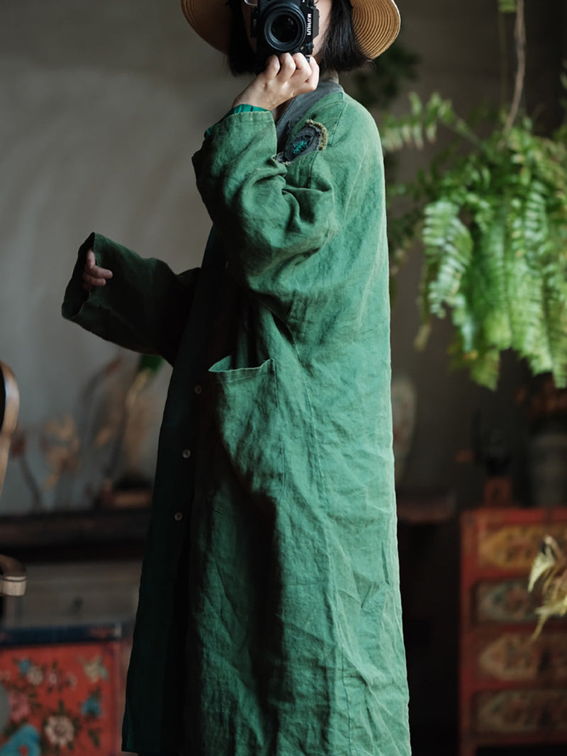 Autumn Patch Spliced Long Linen Coat Ax1013