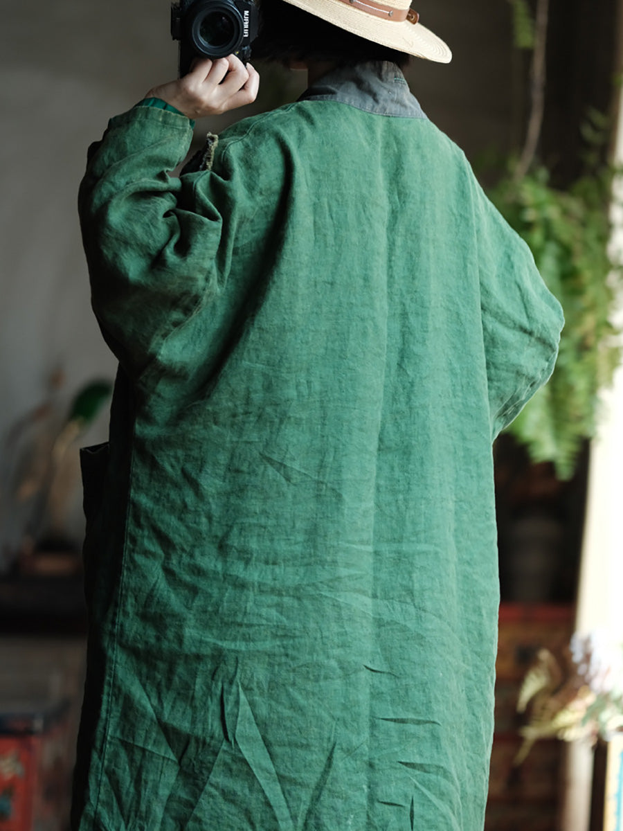 Autumn Patch Spliced Long Linen Coat Ax1013