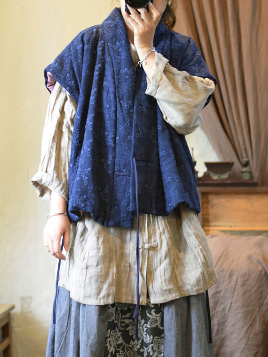 Flowe Embroidery V-neck Linen Padded Vest Coat Ax1006