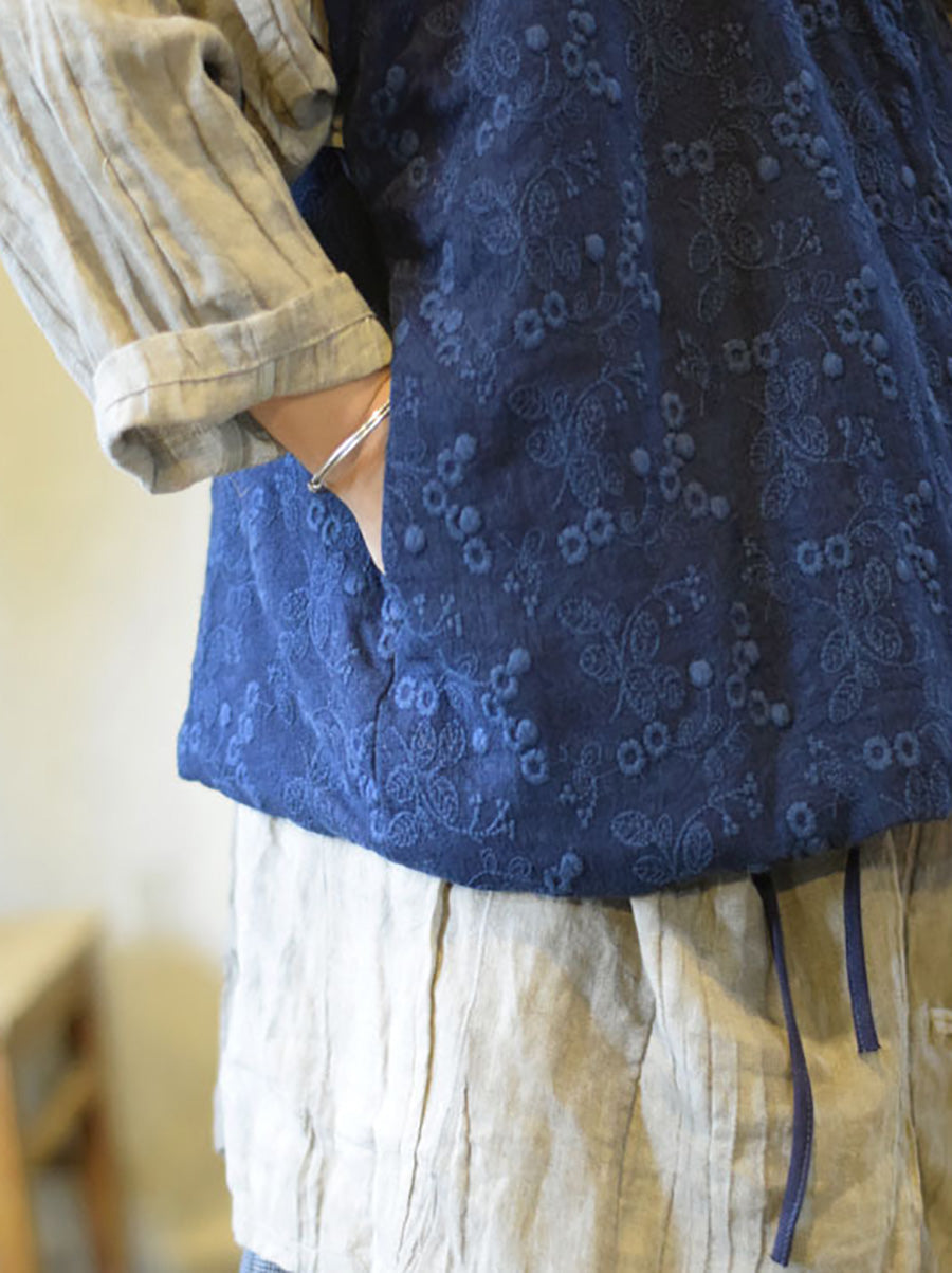Flowe Embroidery V-neck Linen Padded Vest Coat Ax1006