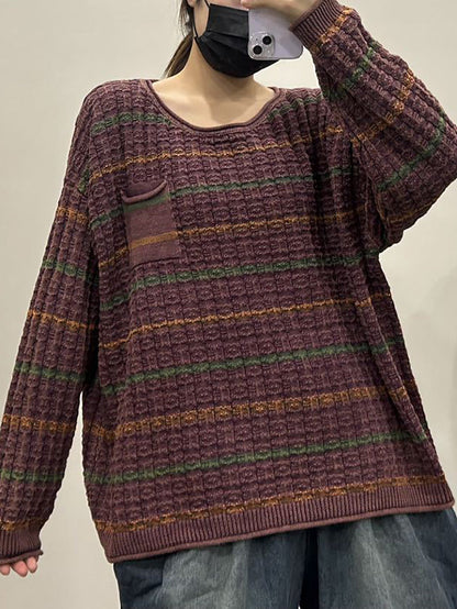 Autumn Stripe Knit O-neck Sweater Ax1005