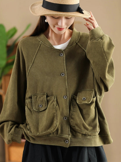 Retro Pure Color Stand Collar Pocket Cotton Coat Ax1008