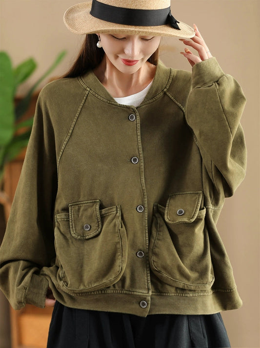Retro Pure Color Stand Collar Pocket Cotton Coat Ax1008