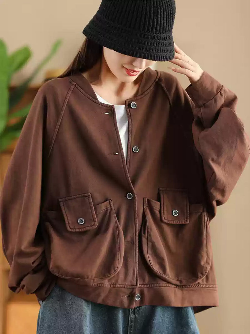 Retro Pure Color Stand Collar Pocket Cotton Coat Ax1008