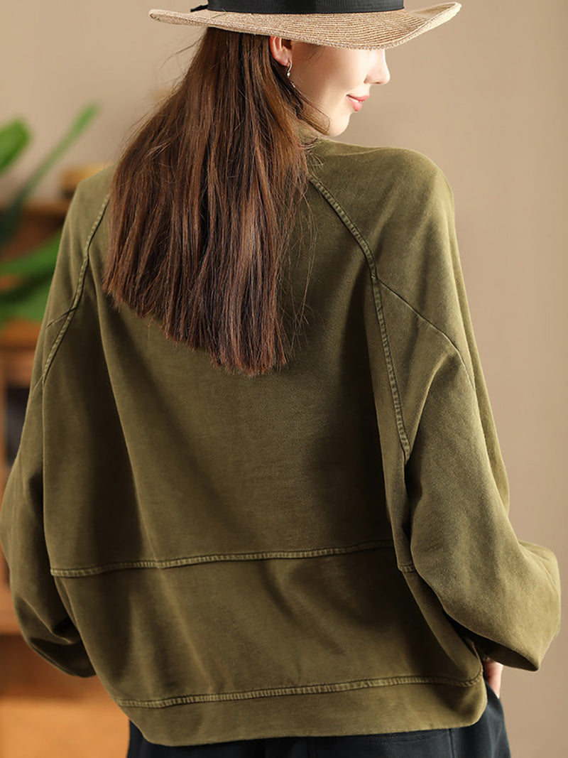 Retro Pure Color Stand Collar Pocket Cotton Coat Ax1008