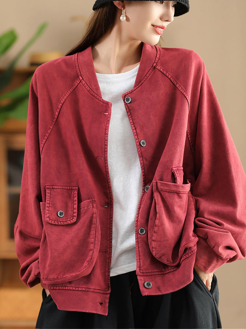 Retro Pure Color Stand Collar Pocket Cotton Coat Ax1008