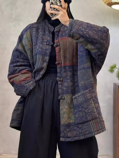Autumn Flower Cotton Linen O-neck Coat Ax1003