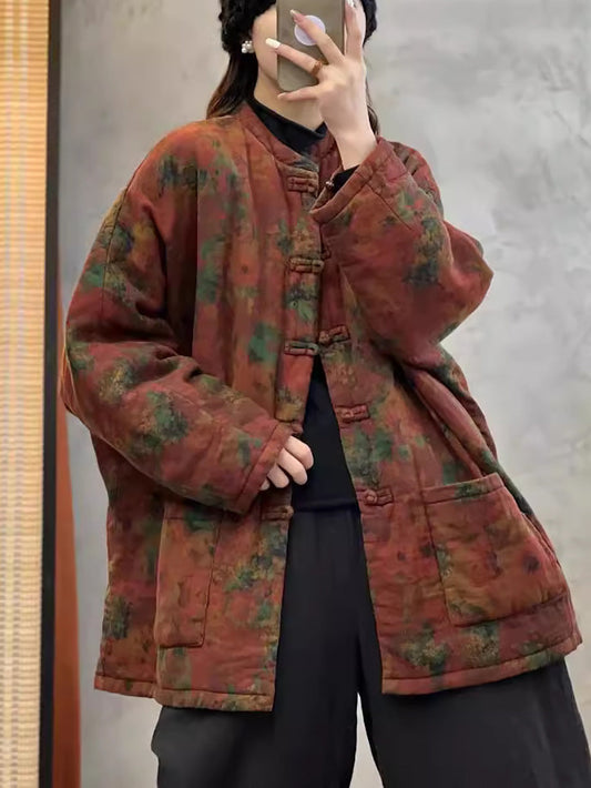 Autumn Flower Cotton Linen O-neck Coat Ax1003