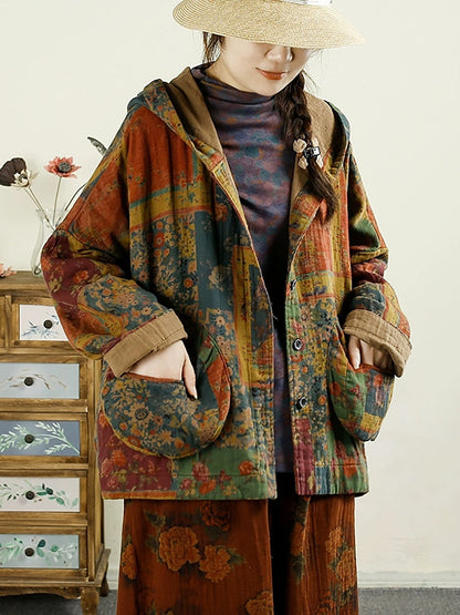 Autumn Flower Patchwork Cotton Hooded Coat Ax1025