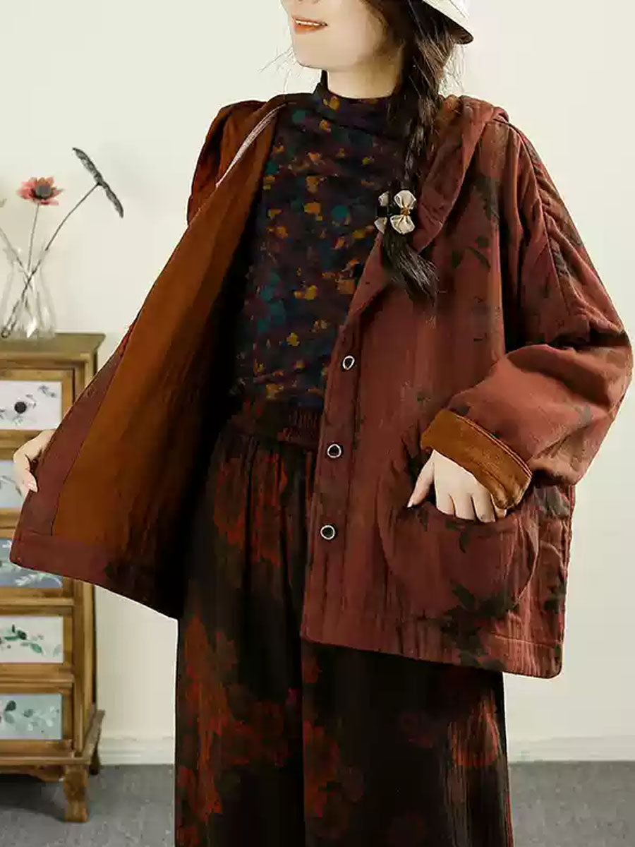 Autumn Flower Patchwork Cotton Hooded Coat Ax1025