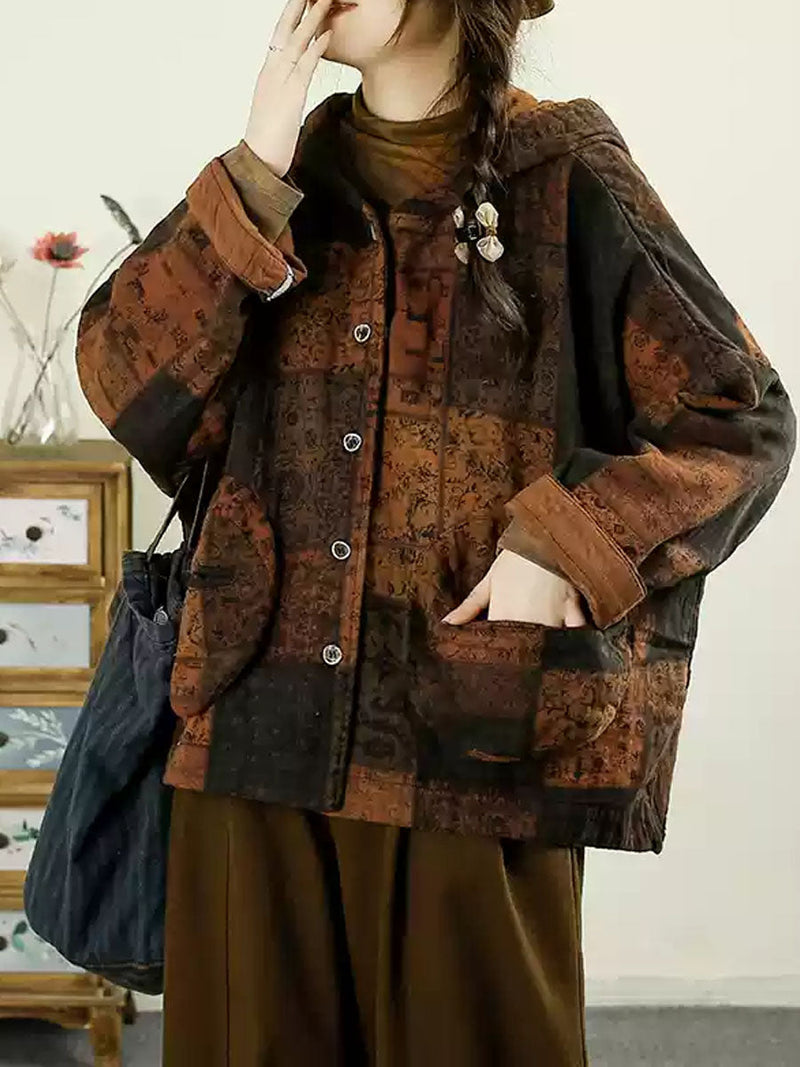 Autumn Flower Patchwork Cotton Hooded Coat Ax1025