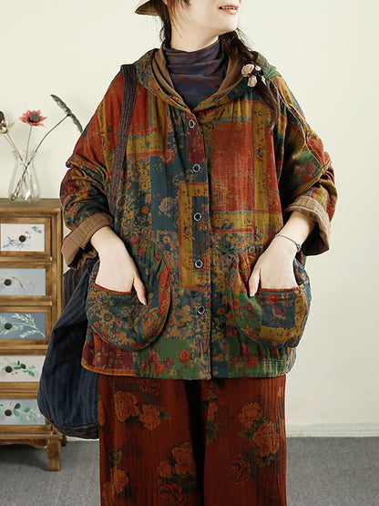 Autumn Flower Patchwork Cotton Hooded Coat Ax1025