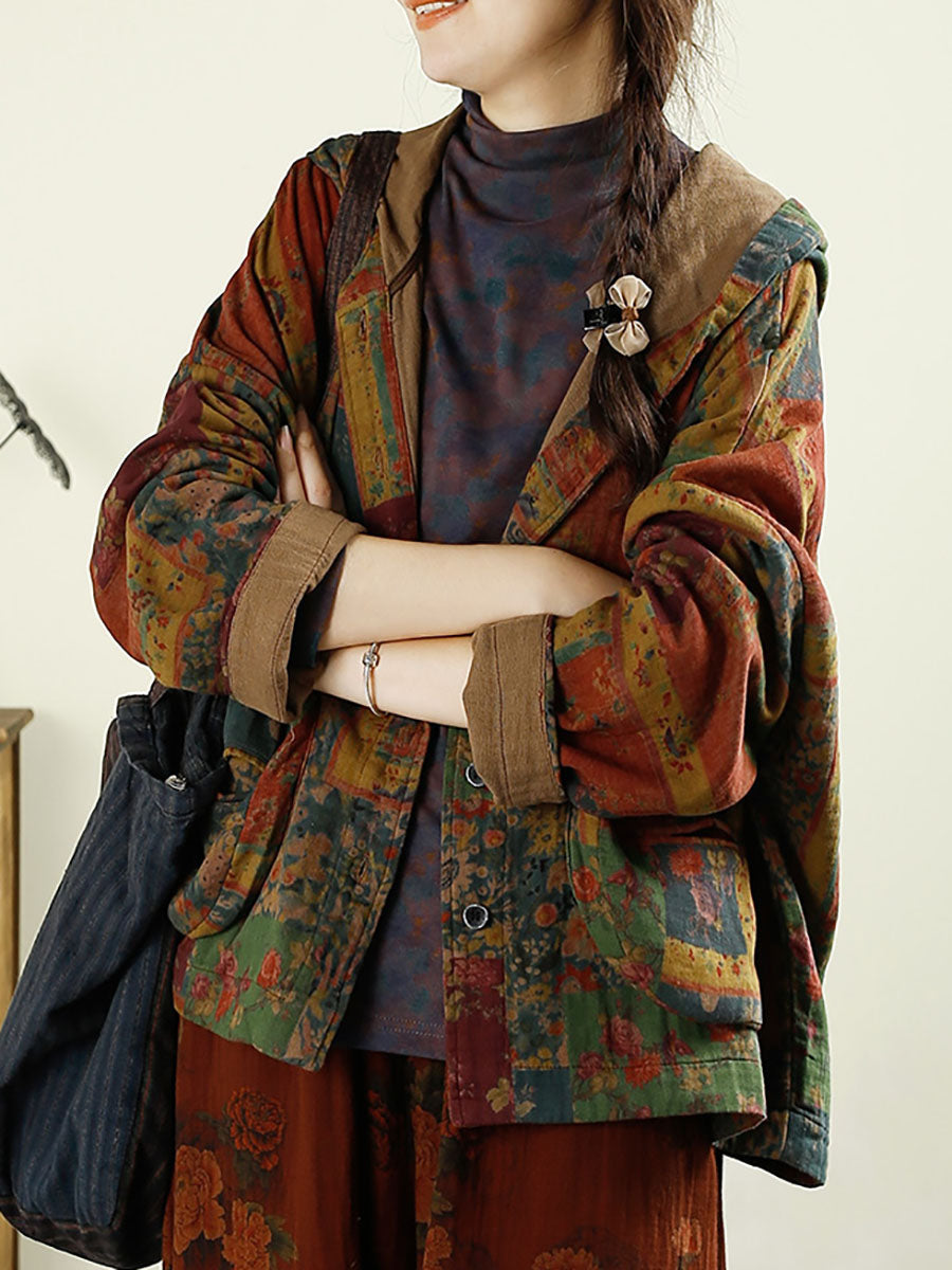 Autumn Flower Patchwork Cotton Hooded Coat Ax1025