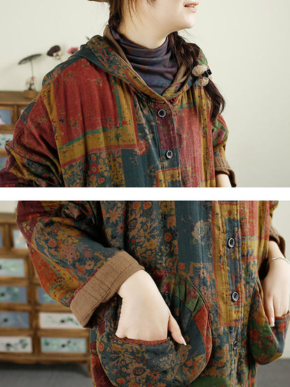 Autumn Flower Patchwork Cotton Hooded Coat Ax1025