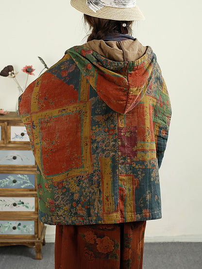Autumn Flower Patchwork Cotton Hooded Coat Ax1025