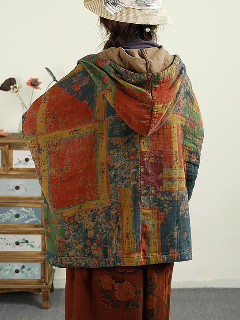Autumn Flower Patchwork Cotton Hooded Coat Ax1025