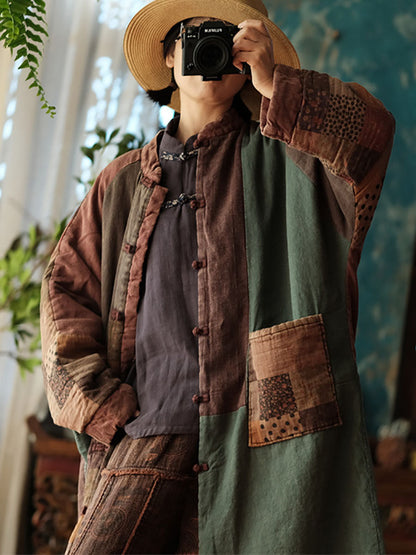 Autumn Patch Spliced Long Cotton Robe Coat Ax1026